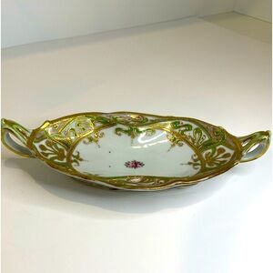 Antique Nippon Hand Painted Moriage Style Oval Dish Handles Florals Gold